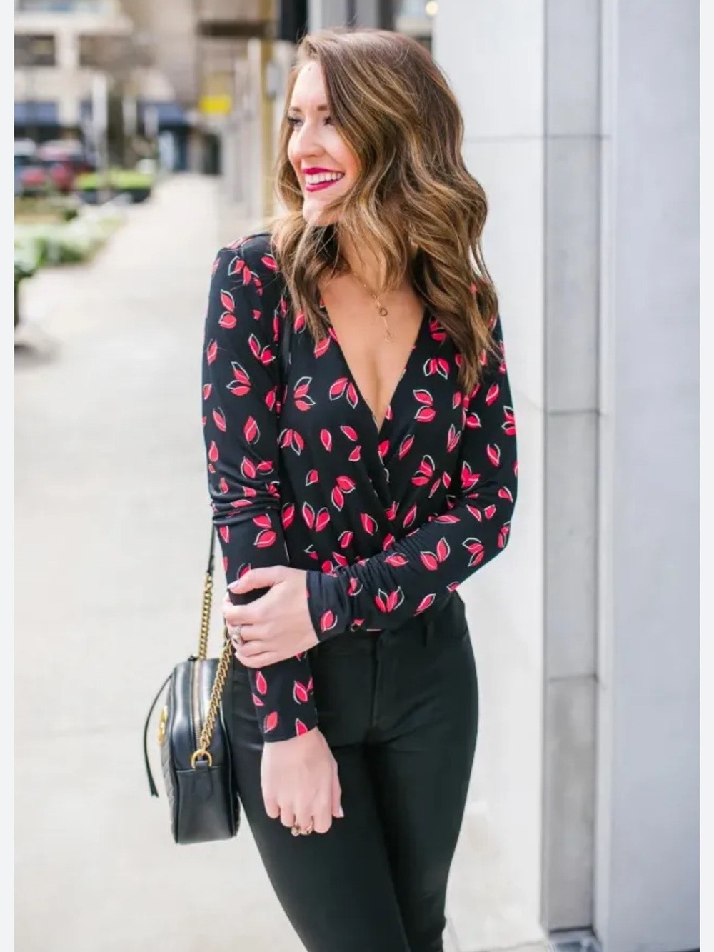 Express Black Wrap Bodysuit Red Leaf Motif Long Sleeve V-Neck Medium